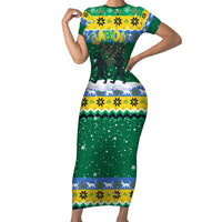 Gabon Christmas Family Matching Short Sleeve Bodycon Dress and Hawaiian Shirt with Black Panthers Carrying Tree and Green Yellow Snowflake Pattern - Wonder Print Shop