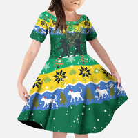 Gabon Christmas Family Matching Summer Maxi Dress and Hawaiian Shirt with Black Panthers Carrying Tree and Green Yellow Snowflake Pattern - Wonder Print Shop