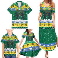 Gabon Christmas Family Matching Summer Maxi Dress and Hawaiian Shirt with Black Panthers Carrying Tree and Green Yellow Snowflake Pattern - Wonder Print Shop