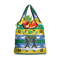 Gabon Christmas Grocery Bag with Black Panthers Carrying Tree and Green Yellow Snowflake Pattern - Wonder Print Shop