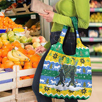 Gabon Christmas Grocery Bag with Black Panthers Carrying Tree and Green Yellow Snowflake Pattern - Wonder Print Shop