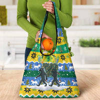 Gabon Christmas Grocery Bag with Black Panthers Carrying Tree and Green Yellow Snowflake Pattern - Wonder Print Shop