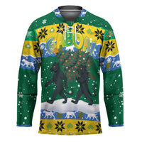 Gabon Christmas Hockey Jersey with Black Panthers Carrying Tree and Green Yellow Snowflake Pattern - Wonder Print Shop