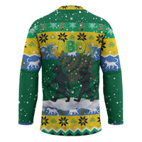 Gabon Christmas Hockey Jersey with Black Panthers Carrying Tree and Green Yellow Snowflake Pattern - Wonder Print Shop