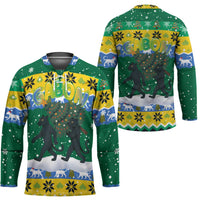 Gabon Christmas Hockey Jersey with Black Panthers Carrying Tree and Green Yellow Snowflake Pattern - Wonder Print Shop