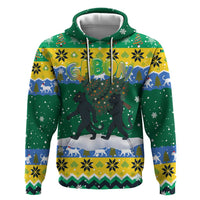 Gabon Christmas Hoodie with Black Panthers Carrying Tree and Green Yellow Snowflake Pattern - Wonder Print Shop
