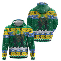 Gabon Christmas Hoodie with Black Panthers Carrying Tree and Green Yellow Snowflake Pattern - Wonder Print Shop