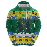 Gabon Christmas Hoodie with Black Panthers Carrying Tree and Green Yellow Snowflake Pattern - Wonder Print Shop