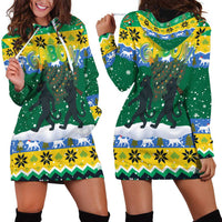Gabon Christmas Hoodie Dress with Black Panthers Carrying Tree and Green Yellow Snowflake Pattern - Wonder Print Shop