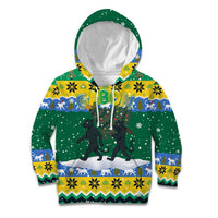 Gabon Christmas Kid Hoodie with Black Panthers Carrying Tree and Green Yellow Snowflake Pattern - Wonder Print Shop