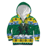 Gabon Christmas Kid Hoodie with Black Panthers Carrying Tree and Green Yellow Snowflake Pattern - Wonder Print Shop