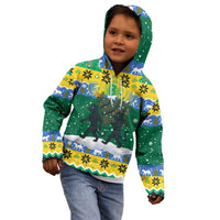 Gabon Christmas Kid Hoodie with Black Panthers Carrying Tree and Green Yellow Snowflake Pattern - Wonder Print Shop