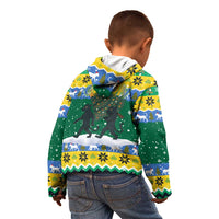 Gabon Christmas Kid Hoodie with Black Panthers Carrying Tree and Green Yellow Snowflake Pattern - Wonder Print Shop