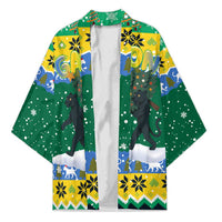 Gabon Christmas Kimono with Black Panthers Carrying Tree and Green Yellow Snowflake Pattern - Wonder Print Shop