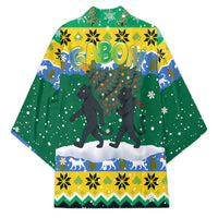Gabon Christmas Kimono with Black Panthers Carrying Tree and Green Yellow Snowflake Pattern - Wonder Print Shop