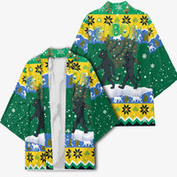 Gabon Christmas Kimono with Black Panthers Carrying Tree and Green Yellow Snowflake Pattern - Wonder Print Shop