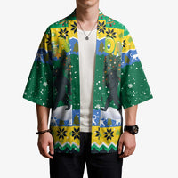 Gabon Christmas Kimono with Black Panthers Carrying Tree and Green Yellow Snowflake Pattern - Wonder Print Shop