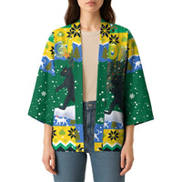 Gabon Christmas Kimono with Black Panthers Carrying Tree and Green Yellow Snowflake Pattern - Wonder Print Shop