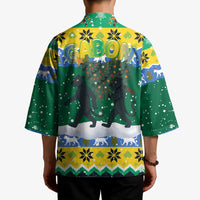 Gabon Christmas Kimono with Black Panthers Carrying Tree and Green Yellow Snowflake Pattern - Wonder Print Shop