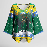 Gabon Christmas Kimono Sleeve Blouse with Black Panthers Carrying Tree and Green Yellow Snowflake Pattern - Wonder Print Shop