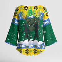 Gabon Christmas Kimono Sleeve Blouse with Black Panthers Carrying Tree and Green Yellow Snowflake Pattern - Wonder Print Shop