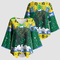 Gabon Christmas Kimono Sleeve Blouse with Black Panthers Carrying Tree and Green Yellow Snowflake Pattern - Wonder Print Shop