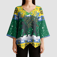 Gabon Christmas Kimono Sleeve Blouse with Black Panthers Carrying Tree and Green Yellow Snowflake Pattern - Wonder Print Shop