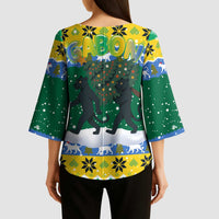 Gabon Christmas Kimono Sleeve Blouse with Black Panthers Carrying Tree and Green Yellow Snowflake Pattern - Wonder Print Shop