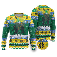 Gabon Christmas Ugly Christmas Sweater with Black Panthers Carrying Tree and Green Yellow Snowflake Pattern - Wonder Print Shop