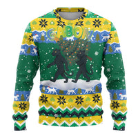 Gabon Christmas Ugly Christmas Sweater with Black Panthers Carrying Tree and Green Yellow Snowflake Pattern - Wonder Print Shop