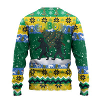 Gabon Christmas Ugly Christmas Sweater with Black Panthers Carrying Tree and Green Yellow Snowflake Pattern - Wonder Print Shop