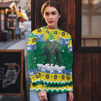 Gabon Christmas Ugly Christmas Sweater with Black Panthers Carrying Tree and Green Yellow Snowflake Pattern - Wonder Print Shop