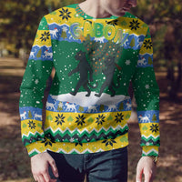 Gabon Christmas Ugly Christmas Sweater with Black Panthers Carrying Tree and Green Yellow Snowflake Pattern - Wonder Print Shop