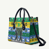 Gabon Christmas Leather Bag with Black Panthers Carrying Tree and Green Yellow Snowflake Pattern - Wonder Print Shop