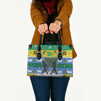 Gabon Christmas Leather Bag with Black Panthers Carrying Tree and Green Yellow Snowflake Pattern - Wonder Print Shop