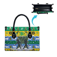 Gabon Christmas Leather Bag with Black Panthers Carrying Tree and Green Yellow Snowflake Pattern - Wonder Print Shop