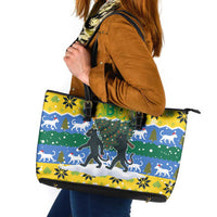 Gabon Christmas Leather Tote Bag with Black Panthers Carrying Tree and Green Yellow Snowflake Pattern - Wonder Print Shop