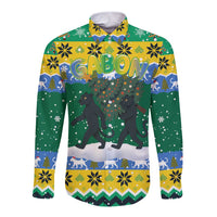 Gabon Christmas Long Sleeve Button Shirt with Black Panthers Carrying Tree and Green Yellow Snowflake Pattern - Wonder Print Shop