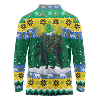 Gabon Christmas Long Sleeve Polo Shirt with Black Panthers Carrying Tree and Green Yellow Snowflake Pattern - Wonder Print Shop