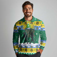 Gabon Christmas Long Sleeve Polo Shirt with Black Panthers Carrying Tree and Green Yellow Snowflake Pattern - Wonder Print Shop