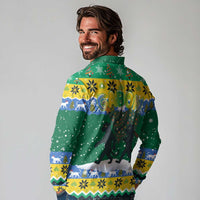 Gabon Christmas Long Sleeve Polo Shirt with Black Panthers Carrying Tree and Green Yellow Snowflake Pattern - Wonder Print Shop