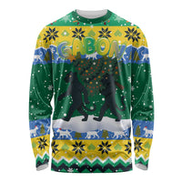 Gabon Christmas Long Sleeve Shirt with Black Panthers Carrying Tree and Green Yellow Snowflake Pattern - Wonder Print Shop