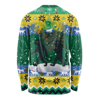 Gabon Christmas Long Sleeve Shirt with Black Panthers Carrying Tree and Green Yellow Snowflake Pattern - Wonder Print Shop