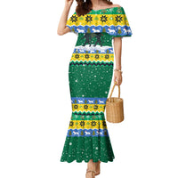 Gabon Christmas Mermaid Dress with Black Panthers Carrying Tree and Green Yellow Snowflake Pattern - Wonder Print Shop