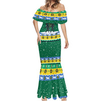 Gabon Christmas Mermaid Dress with Black Panthers Carrying Tree and Green Yellow Snowflake Pattern - Wonder Print Shop