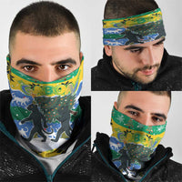 Gabon Christmas Neck Gaiter with Black Panthers Carrying Tree and Green Yellow Snowflake Pattern - Wonder Print Shop