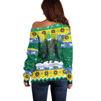 Gabon Christmas Off Shoulder Sweater with Black Panthers Carrying Tree and Green Yellow Snowflake Pattern - Wonder Print Shop