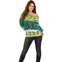 Gabon Christmas Off Shoulder Sweater with Black Panthers Carrying Tree and Green Yellow Snowflake Pattern - Wonder Print Shop