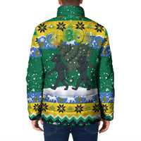 Gabon Christmas Padded Jacket with Black Panthers Carrying Tree and Green Yellow Snowflake Pattern - Wonder Print Shop
