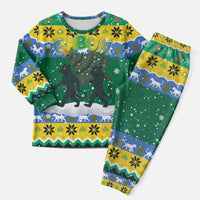 Gabon Christmas Pajama Set with Black Panthers Carrying Tree and Green Yellow Snowflake Pattern - Wonder Print Shop